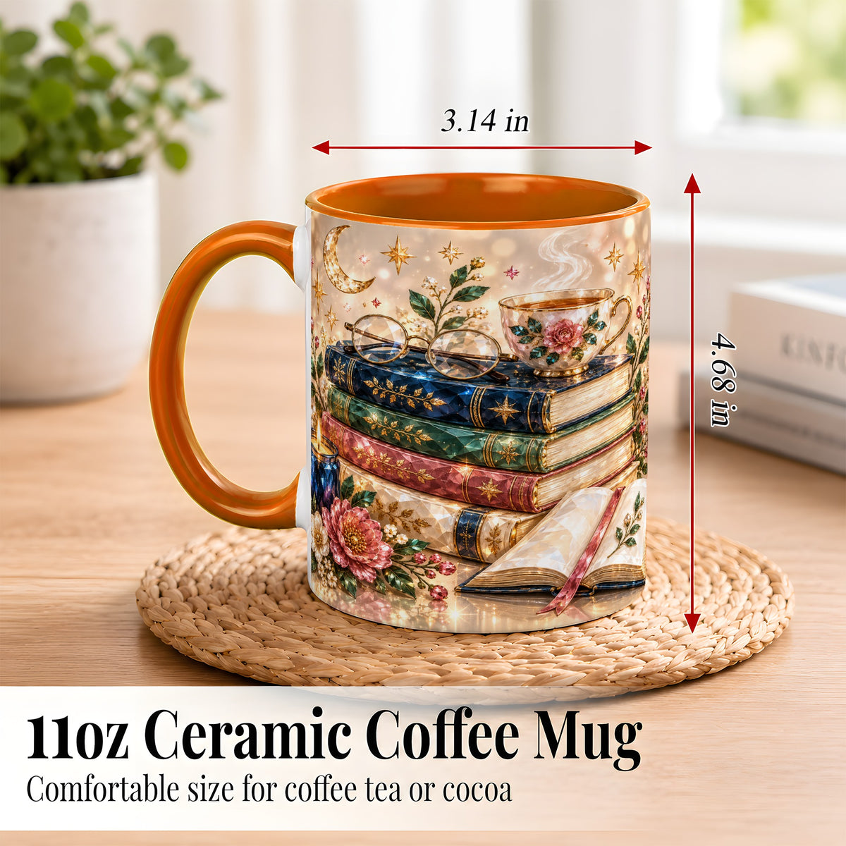 #pl[11oz|Orange] Book Lover Coffee Mug, Floral Reading Mug, Ceramic Cup