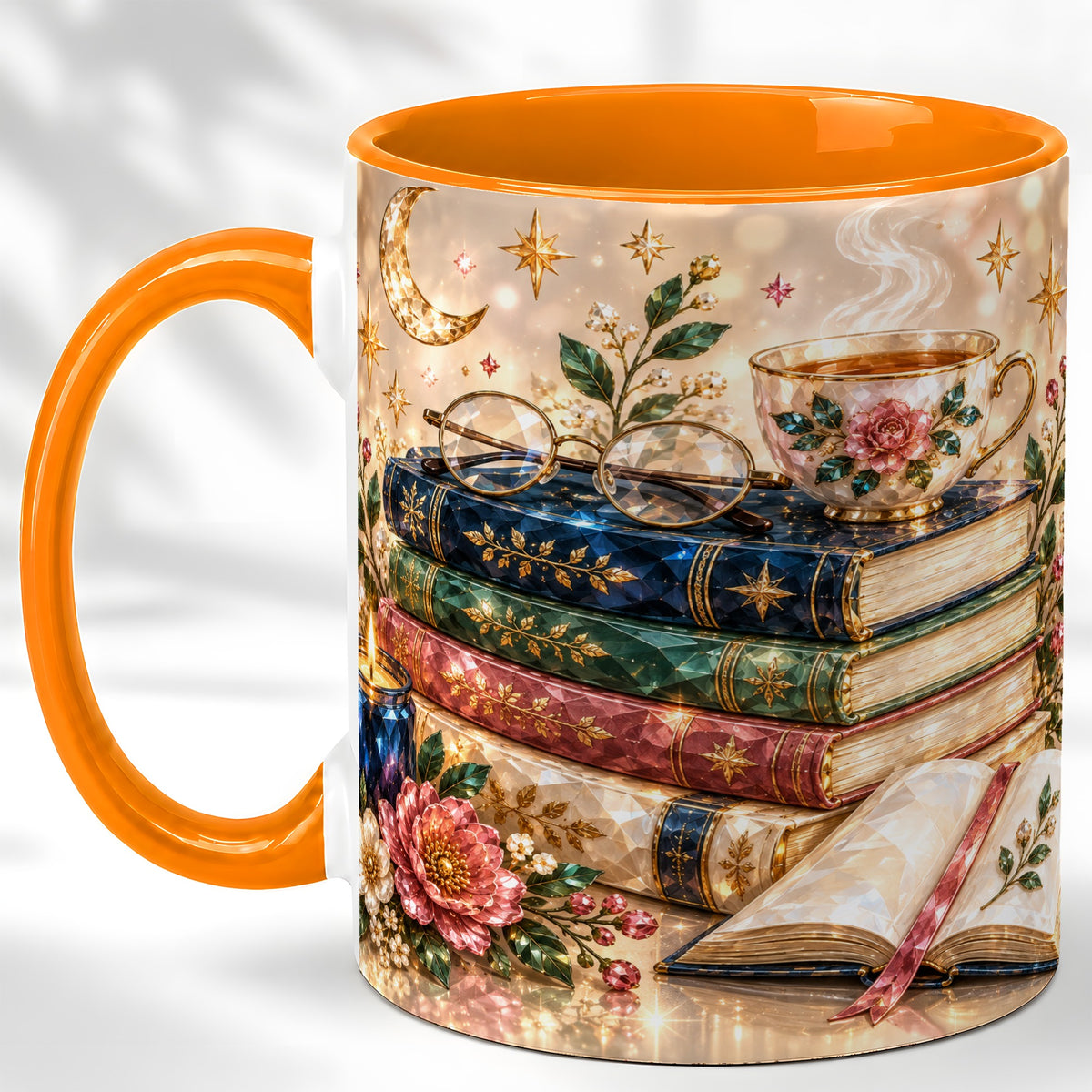#pl[11oz|Orange] Book Lover Coffee Mug, Floral Reading Mug, Ceramic Cup