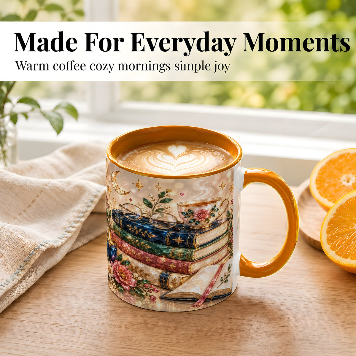 #pl[11oz|Orange] Book Lover Coffee Mug, Floral Reading Mug, Ceramic Cup