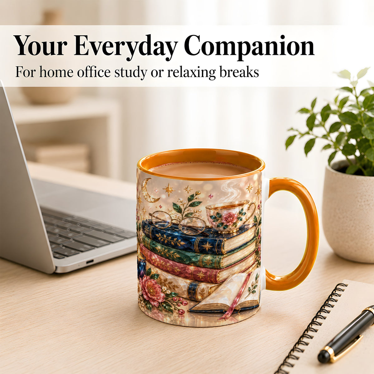 #pl[11oz|Orange] Book Lover Coffee Mug, Floral Reading Mug, Ceramic Cup