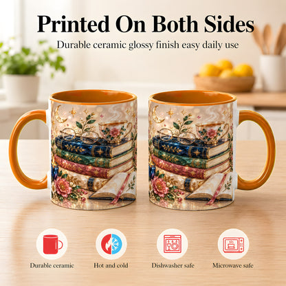 #pl[11oz|Orange] Book Lover Coffee Mug, Floral Reading Mug, Ceramic Cup
