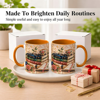 #pl[11oz|Orange] Book Lover Coffee Mug, Floral Reading Mug, Ceramic Cup