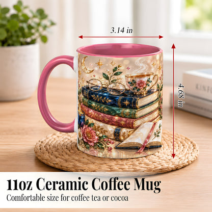 #pl[11oz|Pink] Book Lover Coffee Mug, Floral Reading Mug, Ceramic Cup