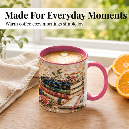 #pl[11oz|Pink] Book Lover Coffee Mug, Floral Reading Mug, Ceramic Cup