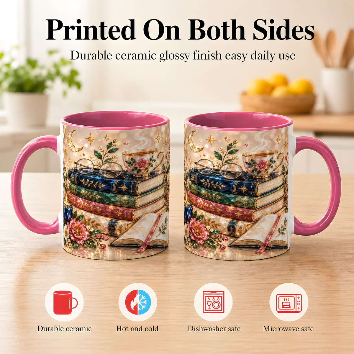 #pl[11oz|Pink] Book Lover Coffee Mug, Floral Reading Mug, Ceramic Cup