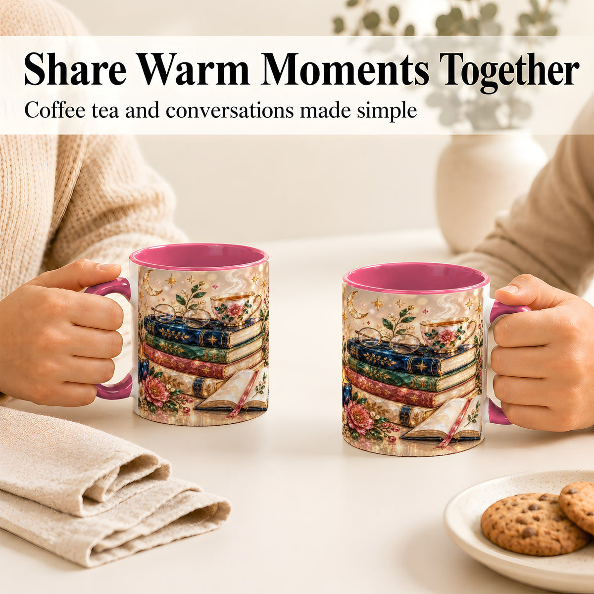 #pl[11oz|Pink] Book Lover Coffee Mug, Floral Reading Mug, Ceramic Cup
