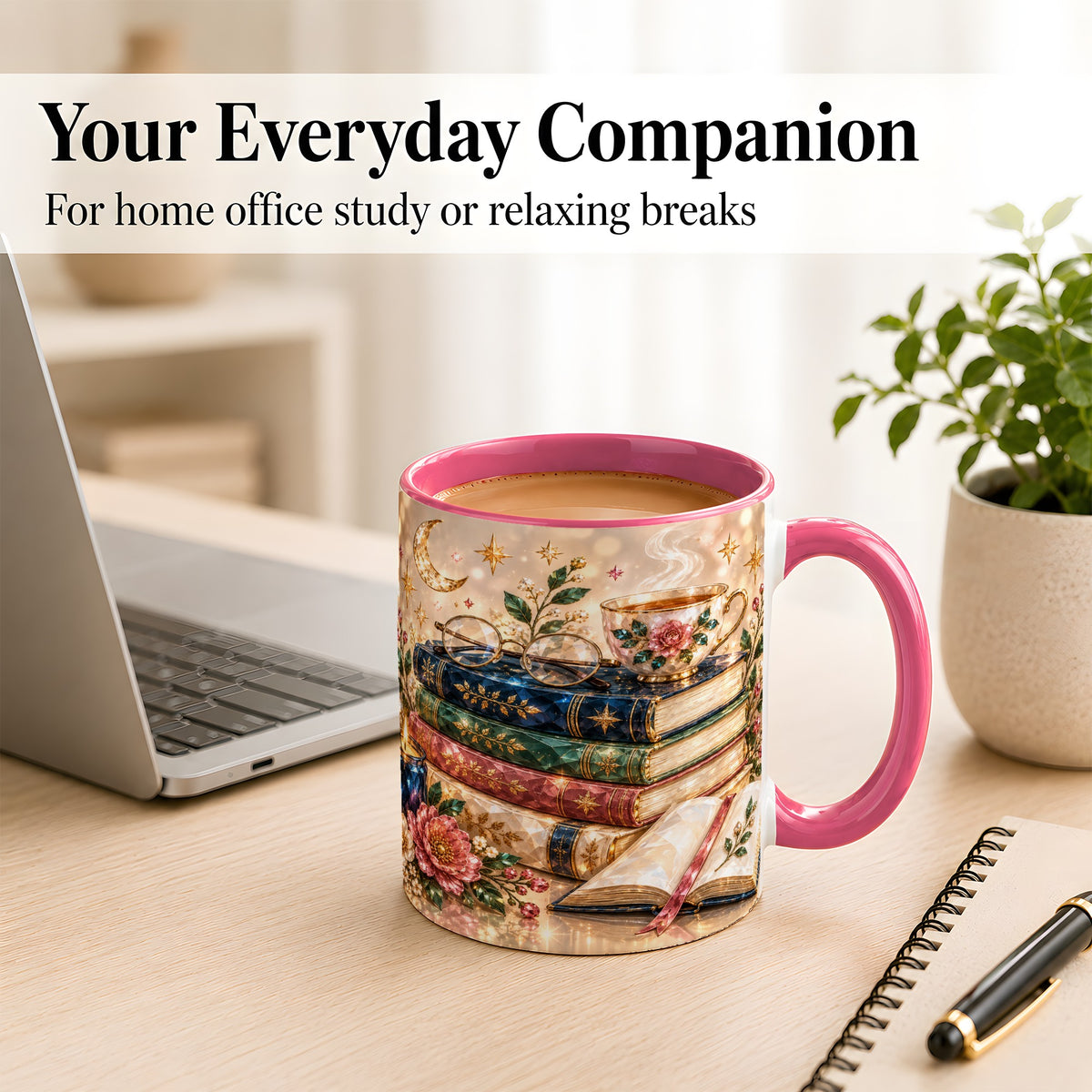 #pl[11oz|Pink] Book Lover Coffee Mug, Floral Reading Mug, Ceramic Cup