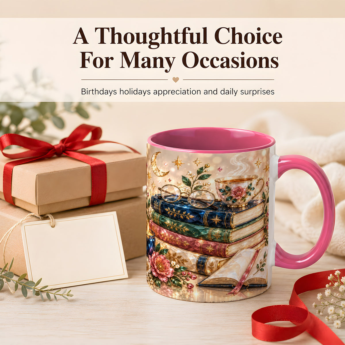 #pl[11oz|Pink] Book Lover Coffee Mug, Floral Reading Mug, Ceramic Cup