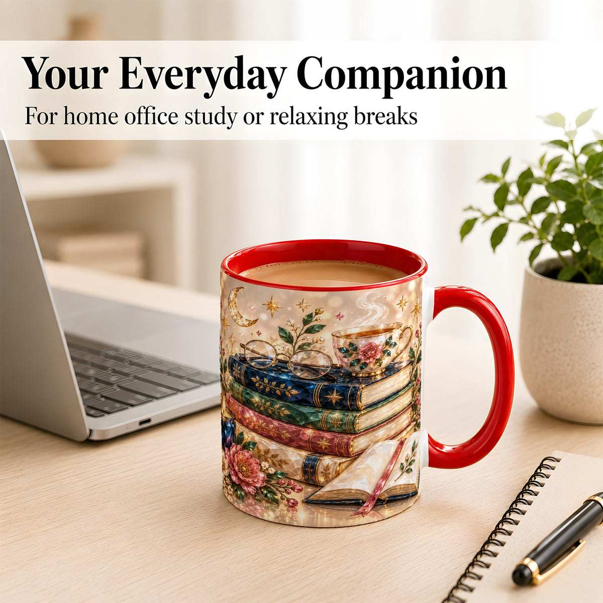 #pl[11oz|Red] Book Lover Coffee Mug, Floral Reading Mug, Ceramic Cup