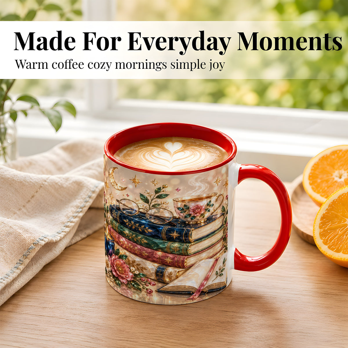 #pl[11oz|Red] Book Lover Coffee Mug, Floral Reading Mug, Ceramic Cup