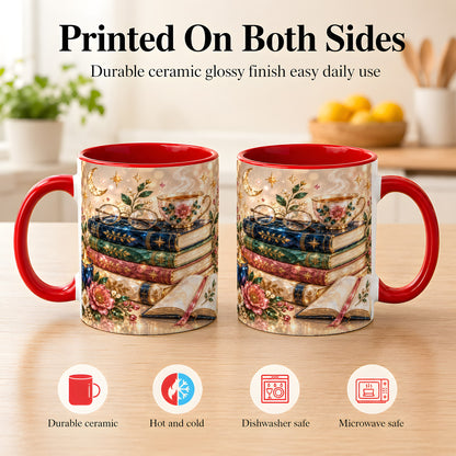 #pl[11oz|Red] Book Lover Coffee Mug, Floral Reading Mug, Ceramic Cup