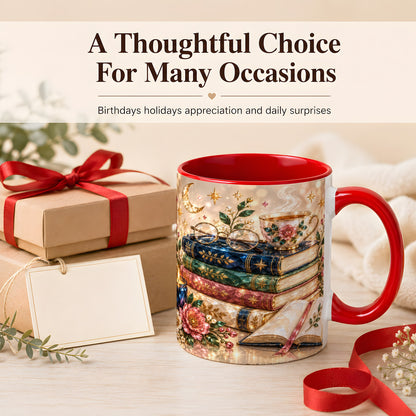 #pl[11oz|Red] Book Lover Coffee Mug, Floral Reading Mug, Ceramic Cup