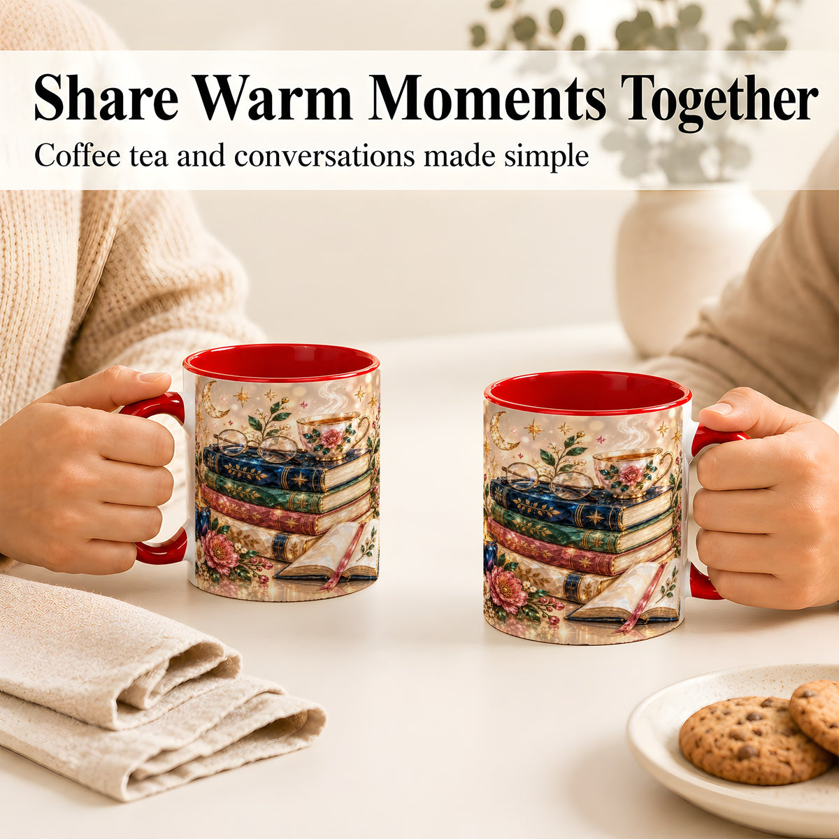 #pl[11oz|Red] Book Lover Coffee Mug, Floral Reading Mug, Ceramic Cup