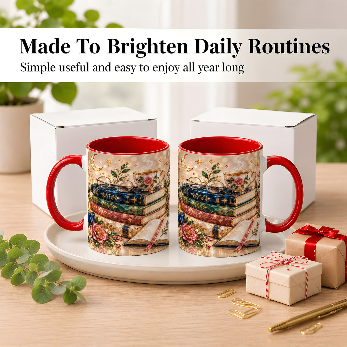 #pl[11oz|Red] Book Lover Coffee Mug, Floral Reading Mug, Ceramic Cup