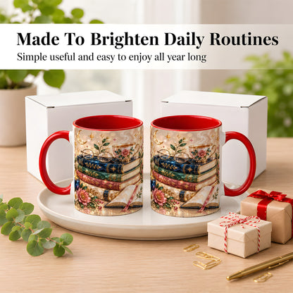 #pl[11oz|Red] Book Lover Coffee Mug, Floral Reading Mug, Ceramic Cup