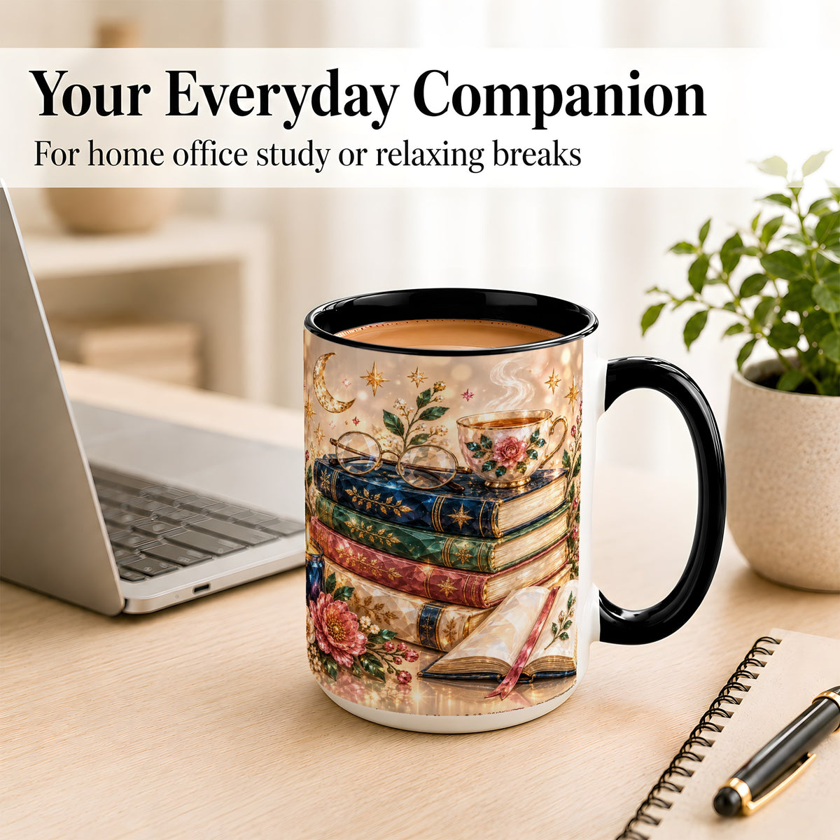 #pl[15oz|Black] Book Lover Coffee Mug, Floral Reading Mug, Ceramic Cup