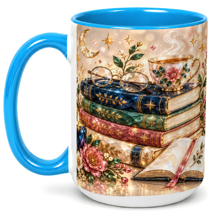 #pl[15oz|Blue] Book Lover Coffee Mug, Floral Reading Mug, Ceramic Cup