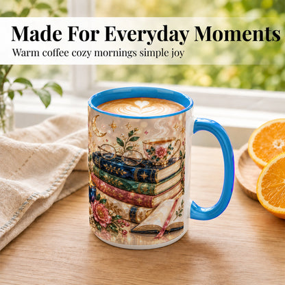 #pl[15oz|Blue] Book Lover Coffee Mug, Floral Reading Mug, Ceramic Cup