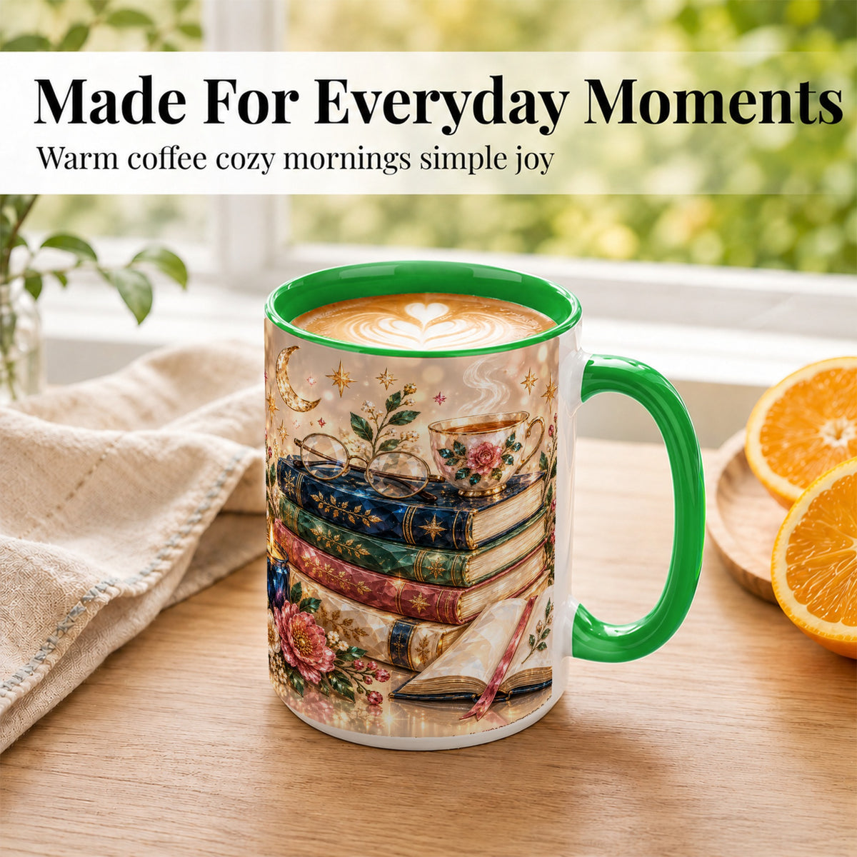 #pl[15oz|Green] Book Lover Coffee Mug, Floral Reading Mug, Ceramic Cup