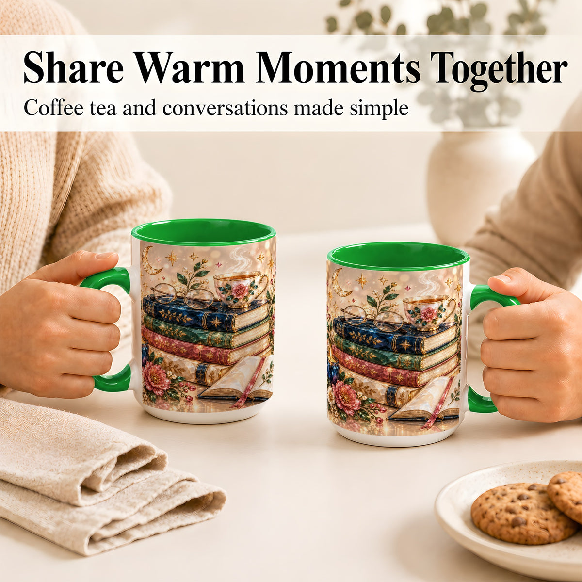 #pl[15oz|Green] Book Lover Coffee Mug, Floral Reading Mug, Ceramic Cup