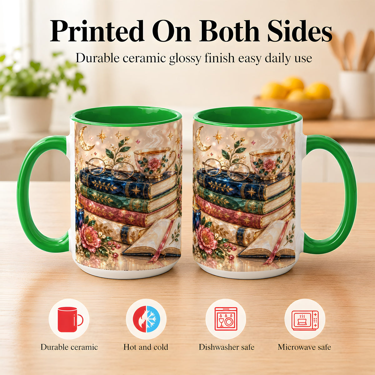 #pl[15oz|Green] Book Lover Coffee Mug, Floral Reading Mug, Ceramic Cup