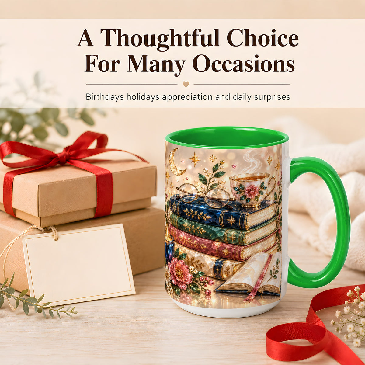 #pl[15oz|Green] Book Lover Coffee Mug, Floral Reading Mug, Ceramic Cup
