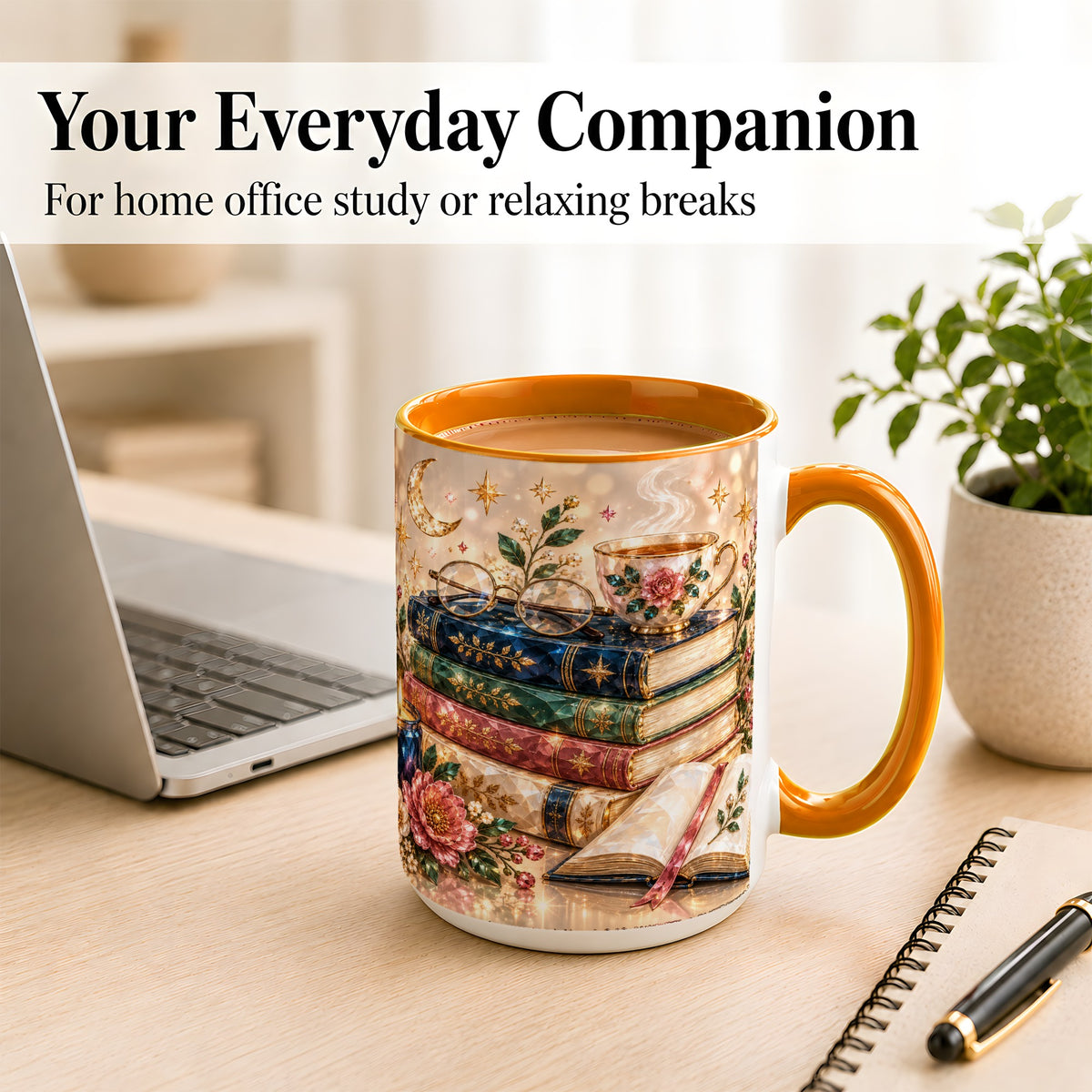 #pl[15oz|Orange] Book Lover Coffee Mug, Floral Reading Mug, Ceramic Cup