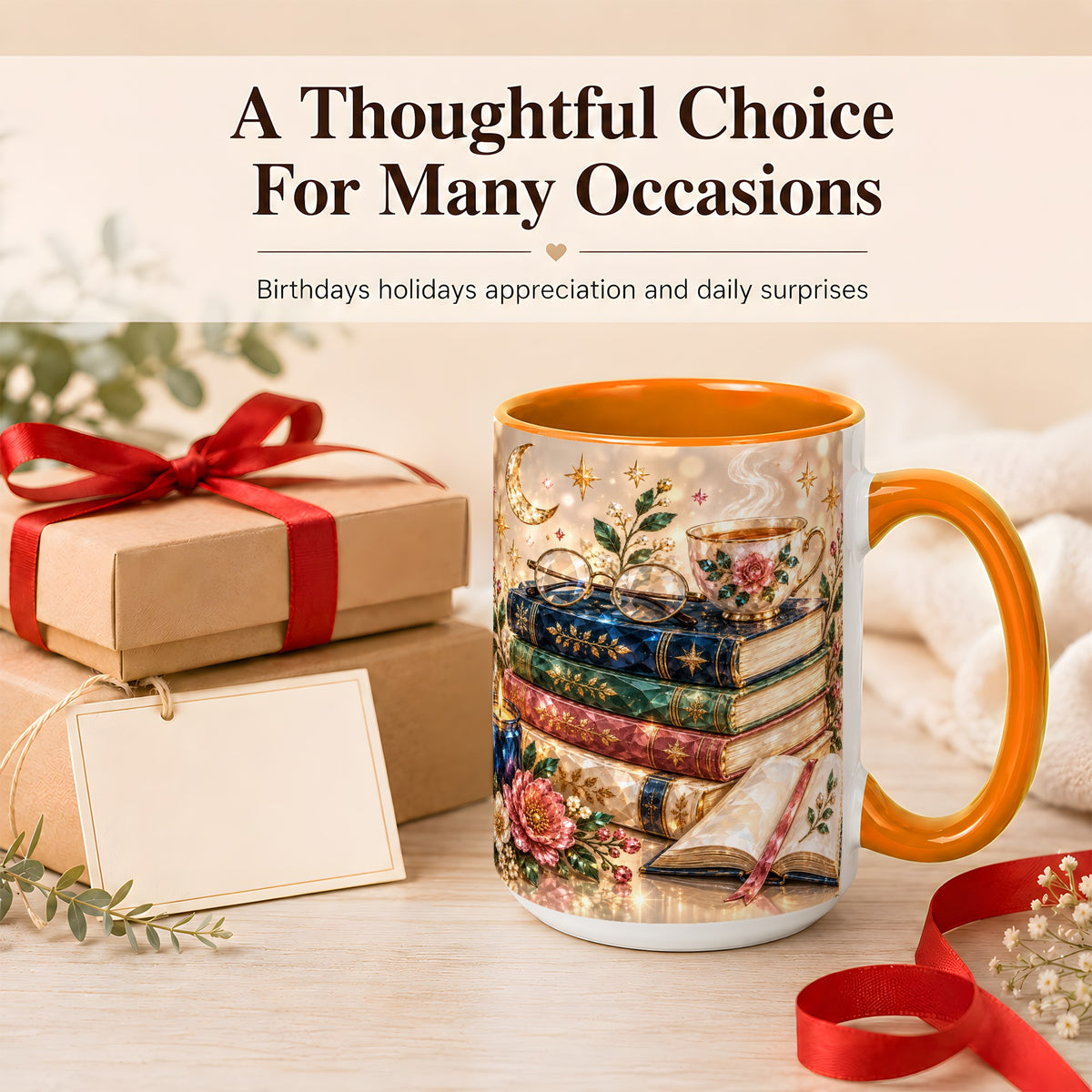 #pl[15oz|Orange] Book Lover Coffee Mug, Floral Reading Mug, Ceramic Cup