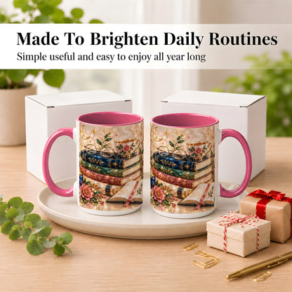 #pl[15oz|Pink] Book Lover Coffee Mug, Floral Reading Mug, Ceramic Cup