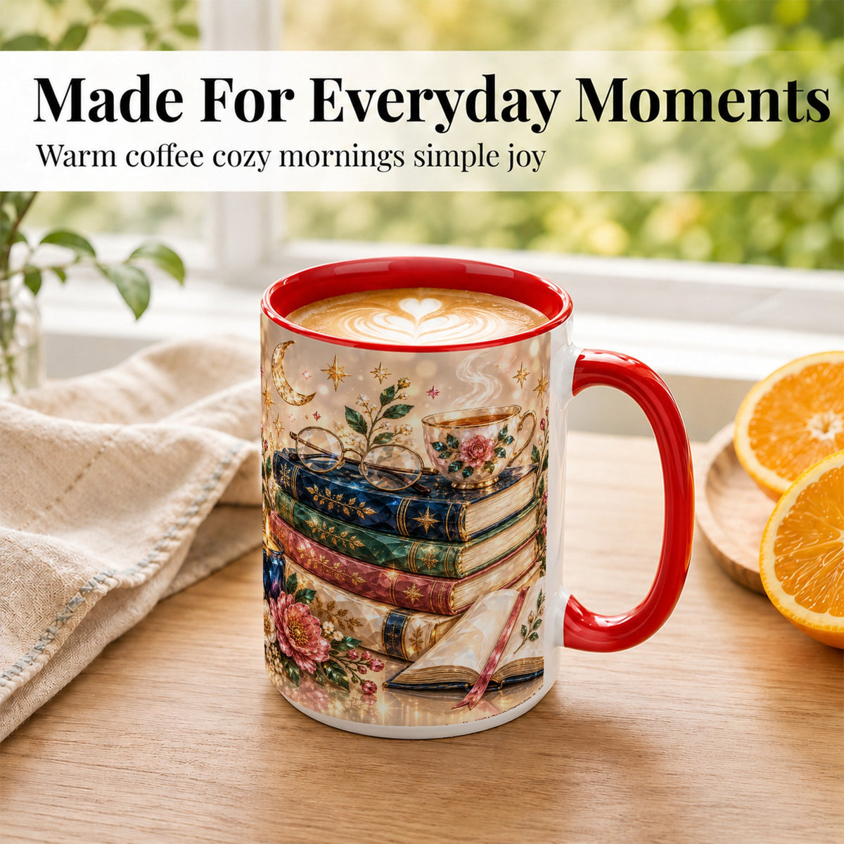 #pl[15oz|Red] Book Lover Coffee Mug, Floral Reading Mug, Ceramic Cup