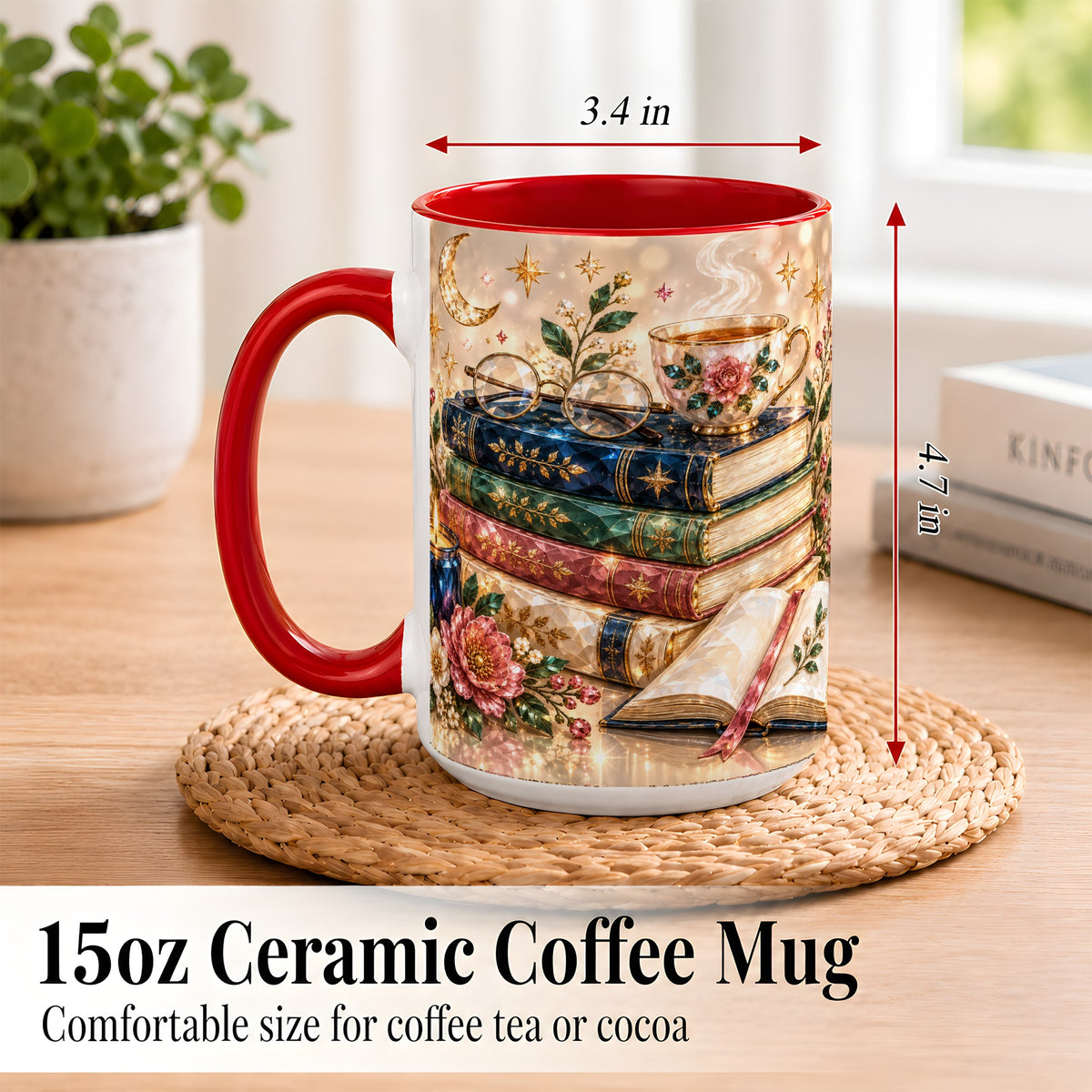 #pl[15oz|Red] Book Lover Coffee Mug, Floral Reading Mug, Ceramic Cup