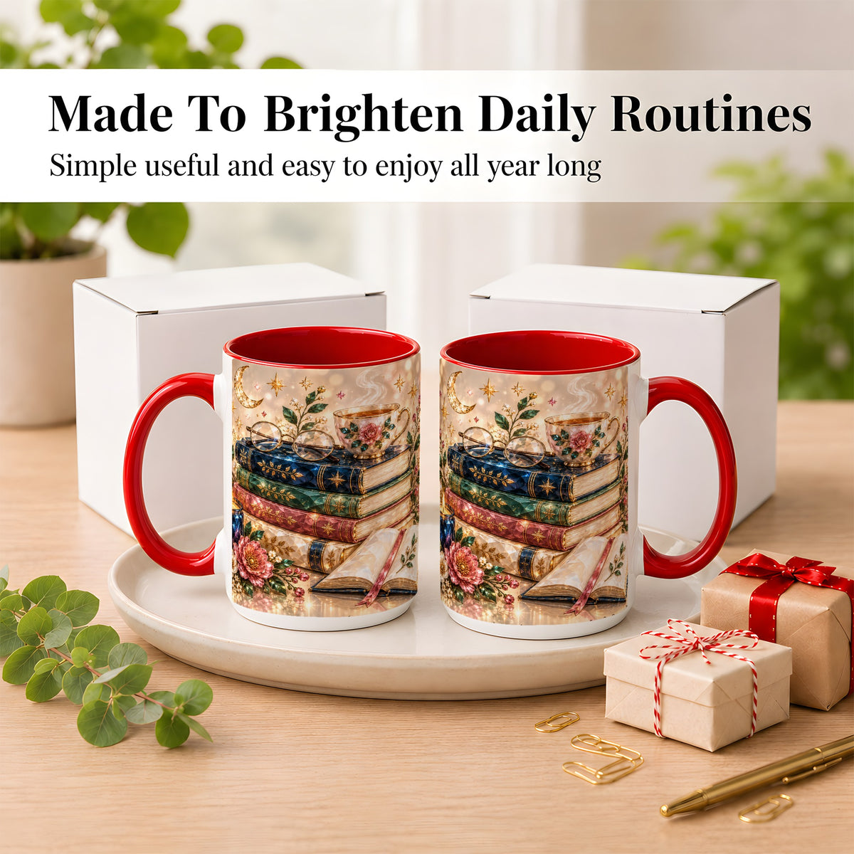 #pl[15oz|Red] Book Lover Coffee Mug, Floral Reading Mug, Ceramic Cup