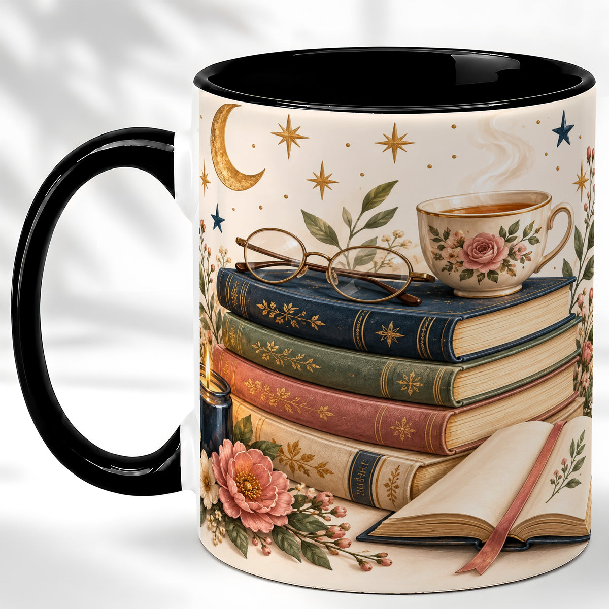 #pl[11oz|Black] Vintage Book Lover Coffee Mug, Botanical Reading Mug, Ceramic Cup