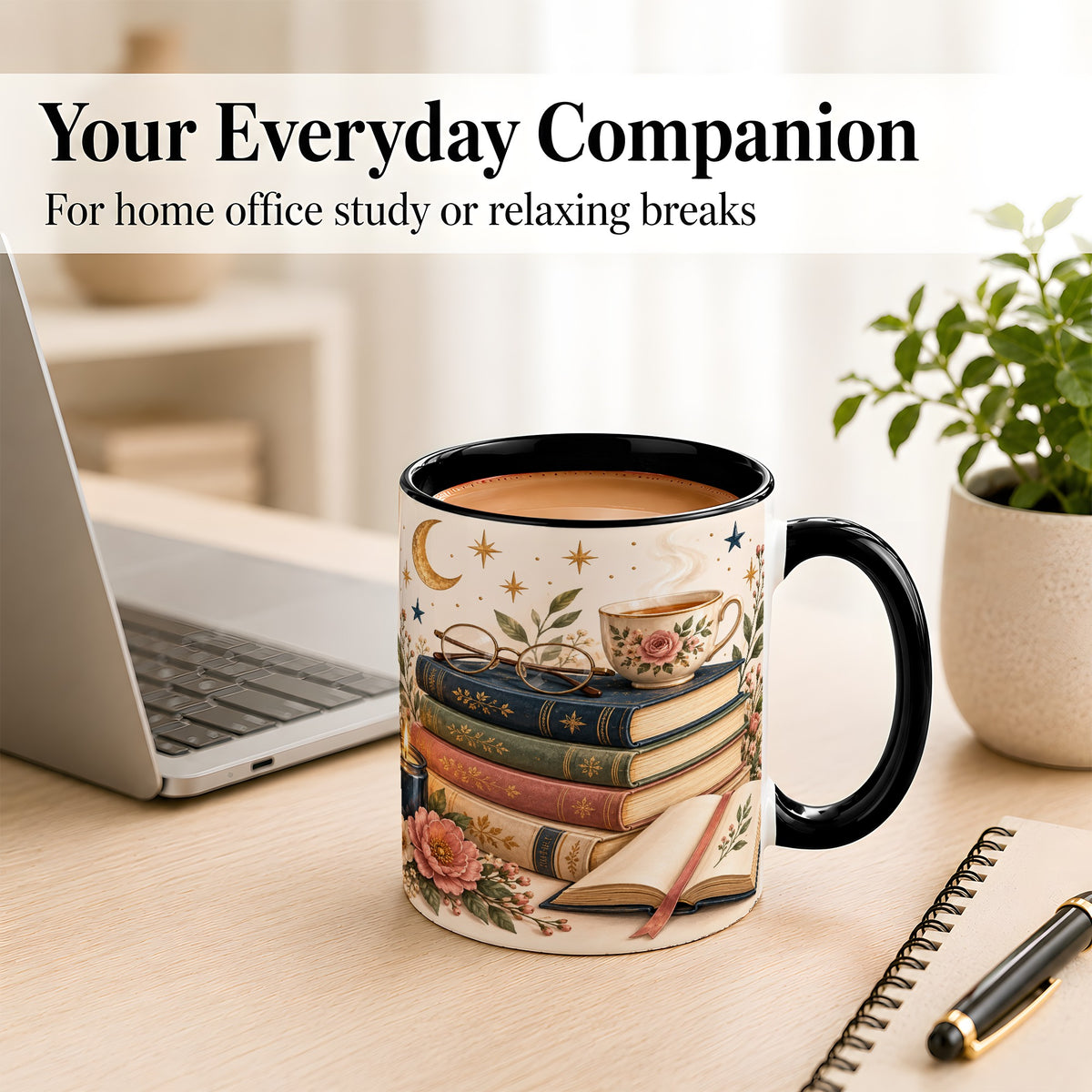 #pl[11oz|Black] Vintage Book Lover Coffee Mug, Botanical Reading Mug, Ceramic Cup
