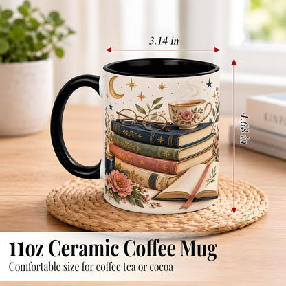 #pl[11oz|Black] Vintage Book Lover Coffee Mug, Botanical Reading Mug, Ceramic Cup