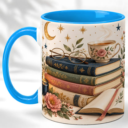 #pl[11oz|Blue] Vintage Book Lover Coffee Mug, Botanical Reading Mug, Ceramic Cup