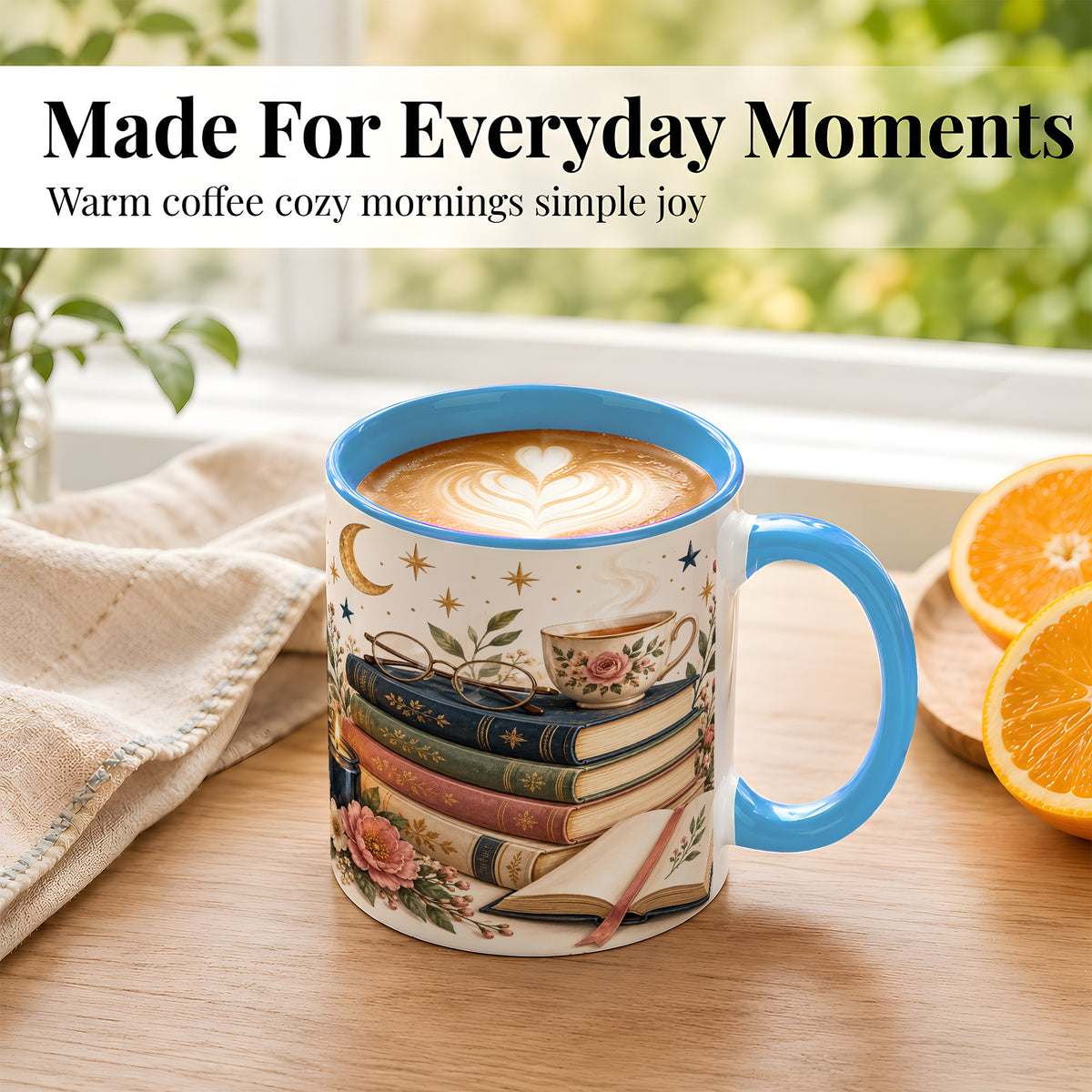 #pl[11oz|Blue] Vintage Book Lover Coffee Mug, Botanical Reading Mug, Ceramic Cup
