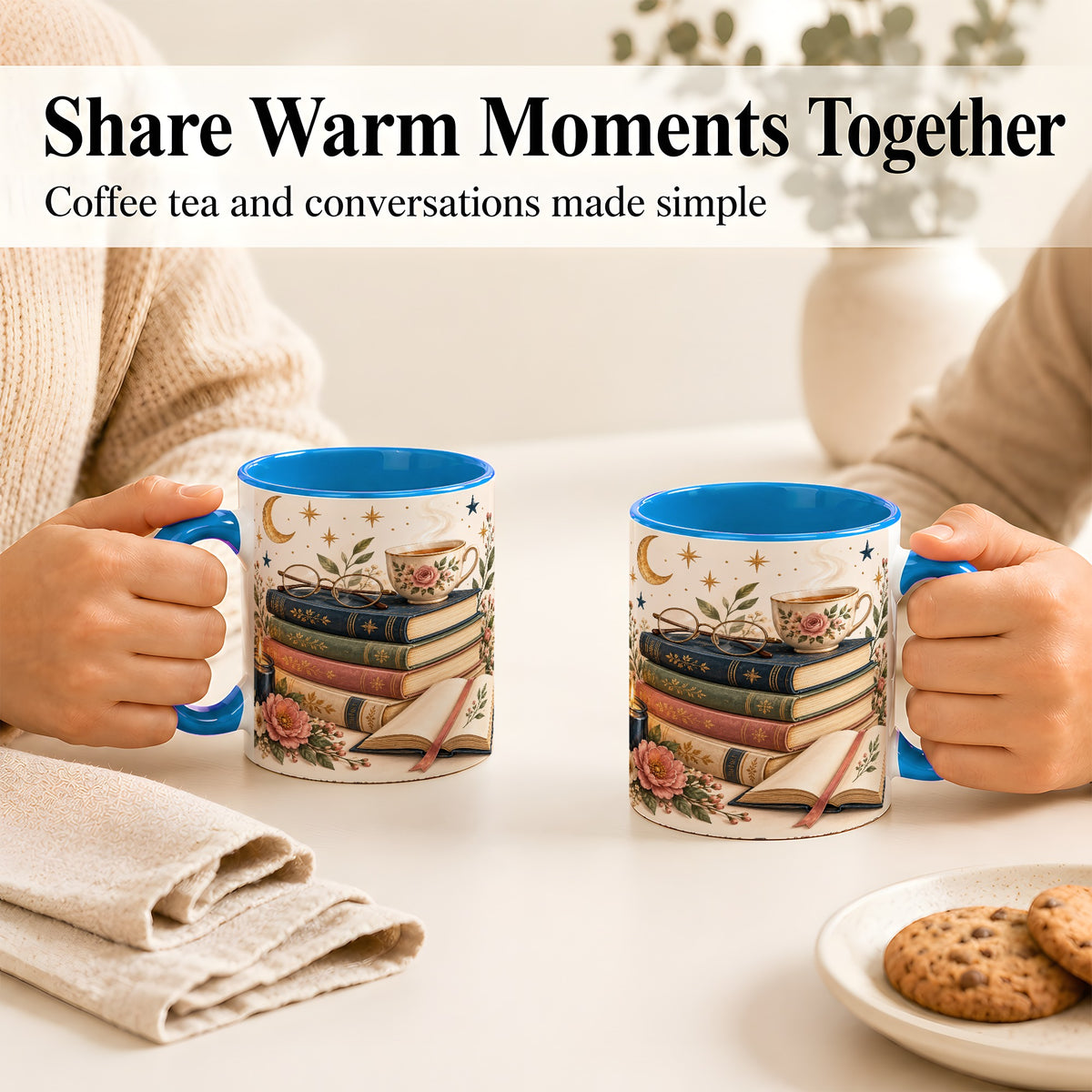 #pl[11oz|Blue] Vintage Book Lover Coffee Mug, Botanical Reading Mug, Ceramic Cup