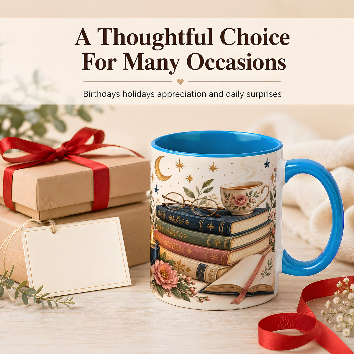 #pl[11oz|Blue] Vintage Book Lover Coffee Mug, Botanical Reading Mug, Ceramic Cup