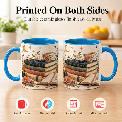 #pl[11oz|Blue] Vintage Book Lover Coffee Mug, Botanical Reading Mug, Ceramic Cup