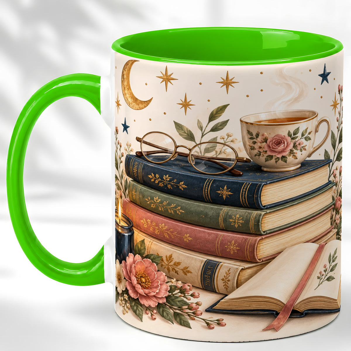 #pl[11oz|Green] Vintage Book Lover Coffee Mug, Botanical Reading Mug, Ceramic Cup
