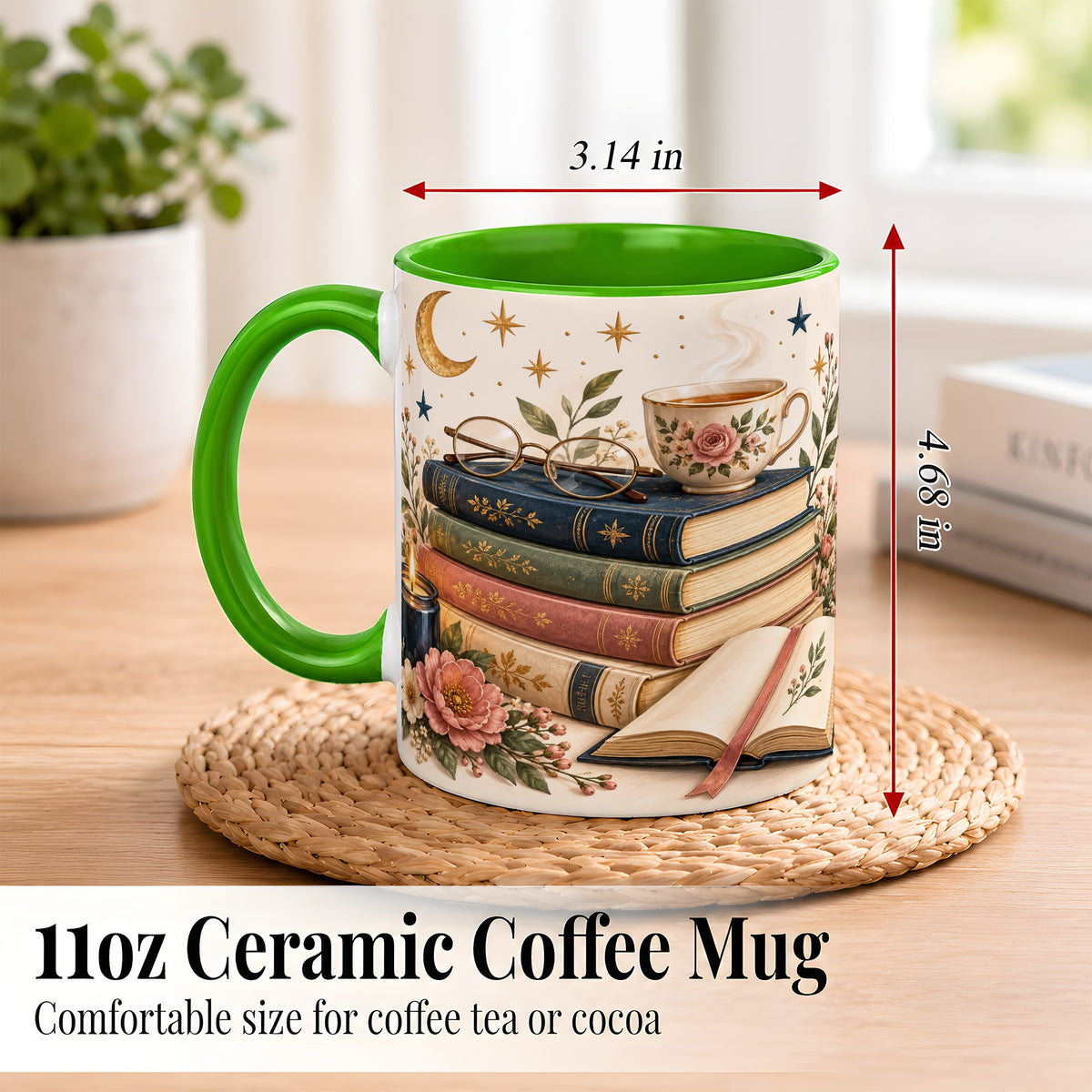 #pl[11oz|Green] Vintage Book Lover Coffee Mug, Botanical Reading Mug, Ceramic Cup
