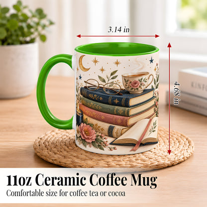 #pl[11oz|Green] Vintage Book Lover Coffee Mug, Botanical Reading Mug, Ceramic Cup