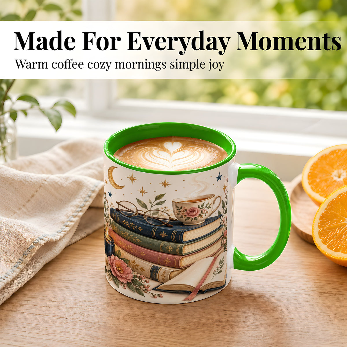 #pl[11oz|Green] Vintage Book Lover Coffee Mug, Botanical Reading Mug, Ceramic Cup