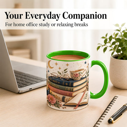 #pl[11oz|Green] Vintage Book Lover Coffee Mug, Botanical Reading Mug, Ceramic Cup