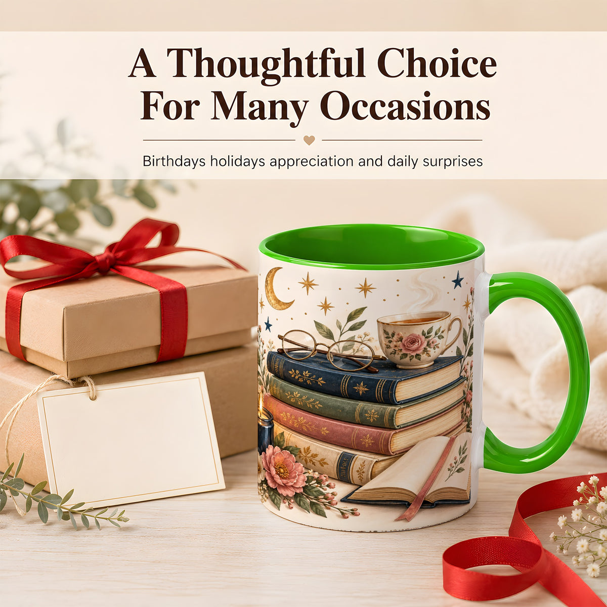 #pl[11oz|Green] Vintage Book Lover Coffee Mug, Botanical Reading Mug, Ceramic Cup