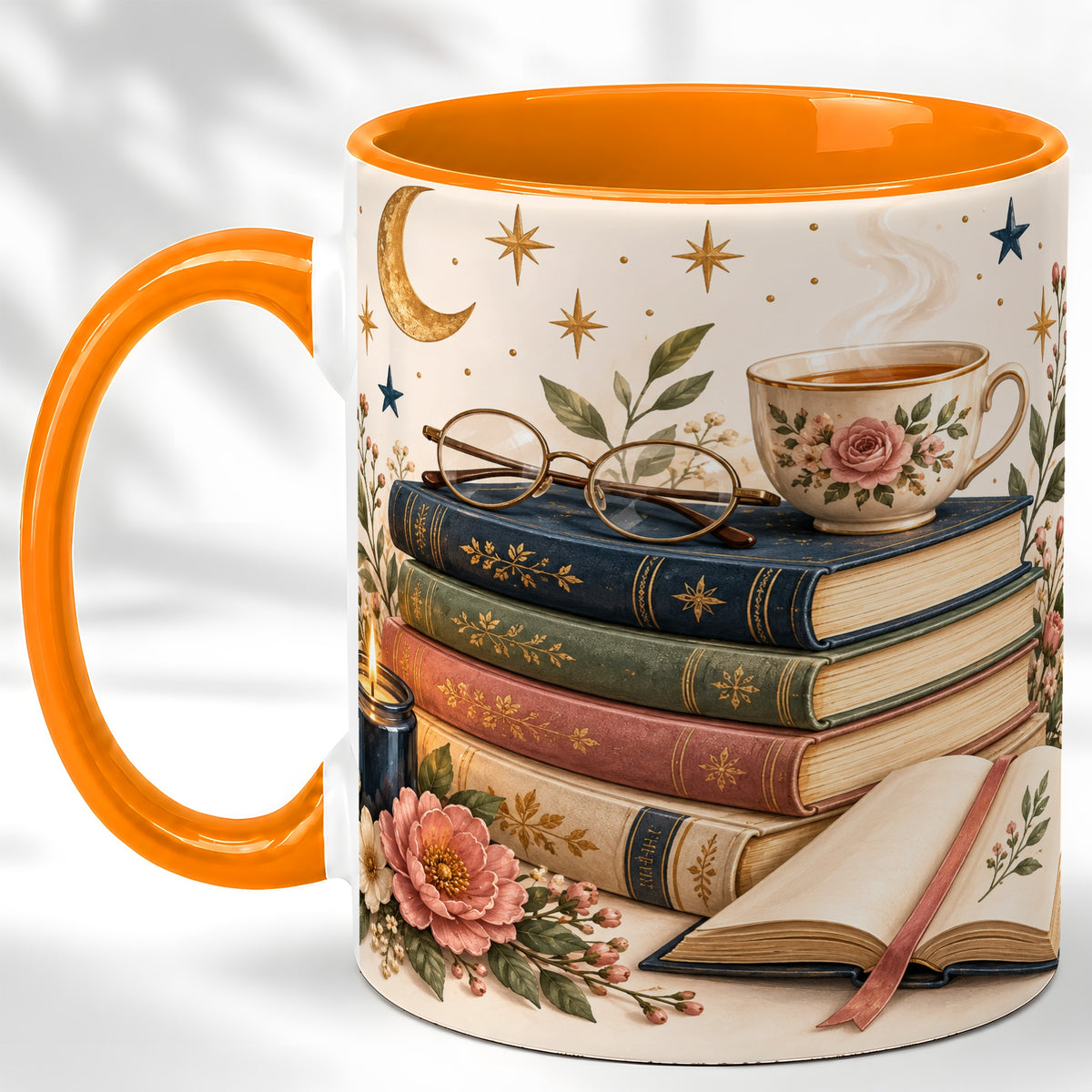 #pl[11oz|Orange] Vintage Book Lover Coffee Mug, Botanical Reading Mug, Ceramic Cup