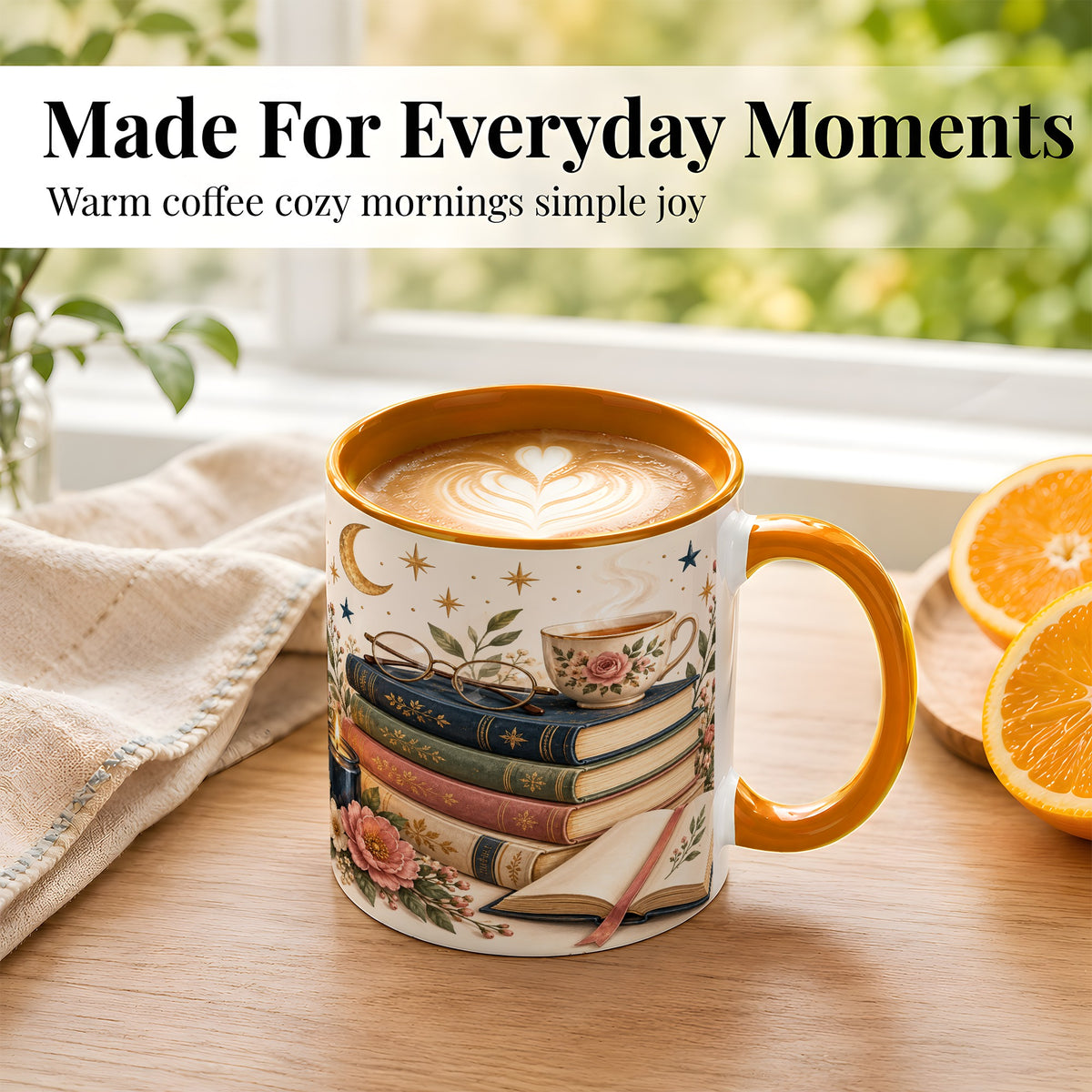 #pl[11oz|Orange] Vintage Book Lover Coffee Mug, Botanical Reading Mug, Ceramic Cup