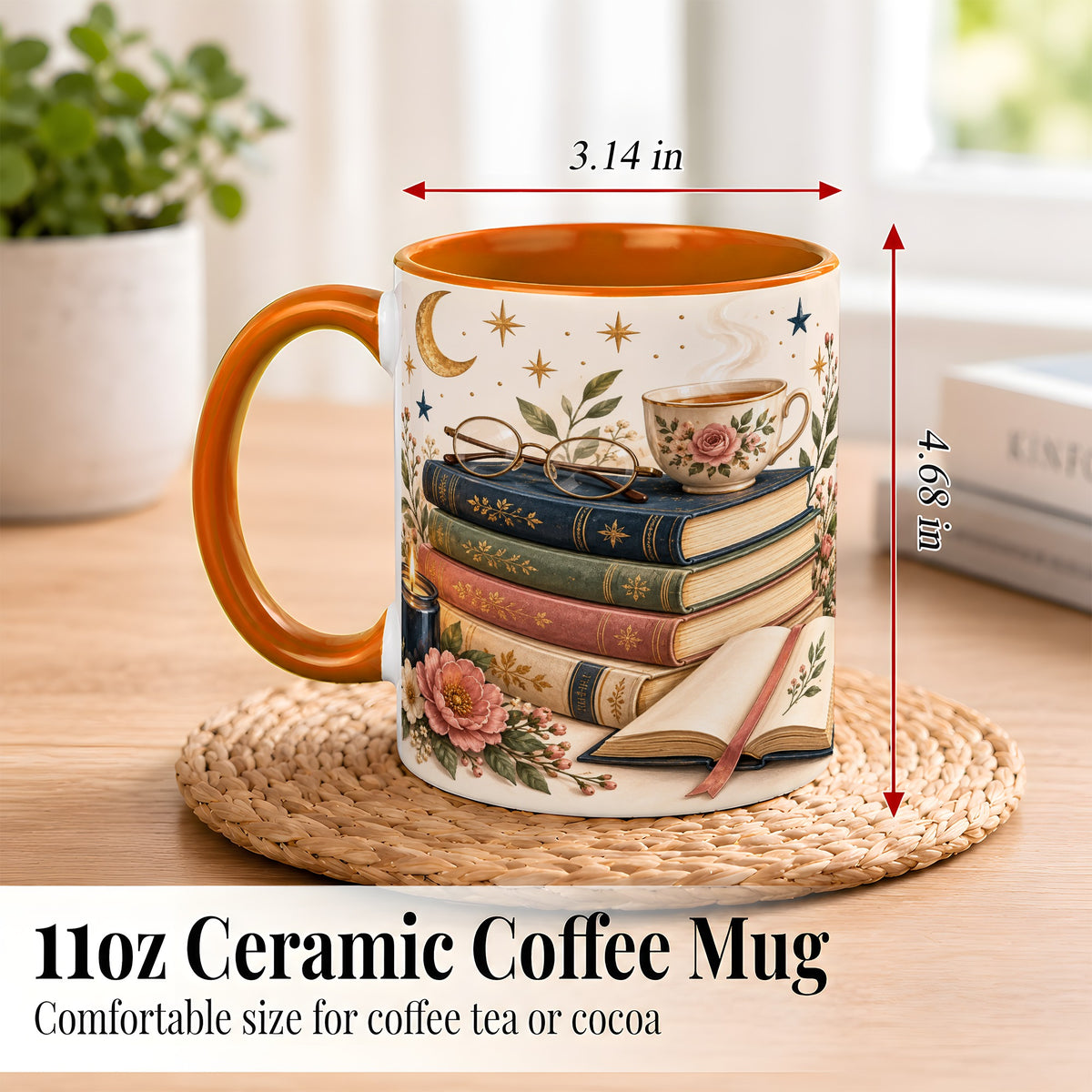 #pl[11oz|Orange] Vintage Book Lover Coffee Mug, Botanical Reading Mug, Ceramic Cup