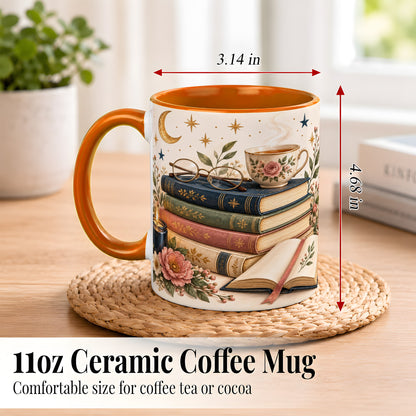 #pl[11oz|Orange] Vintage Book Lover Coffee Mug, Botanical Reading Mug, Ceramic Cup